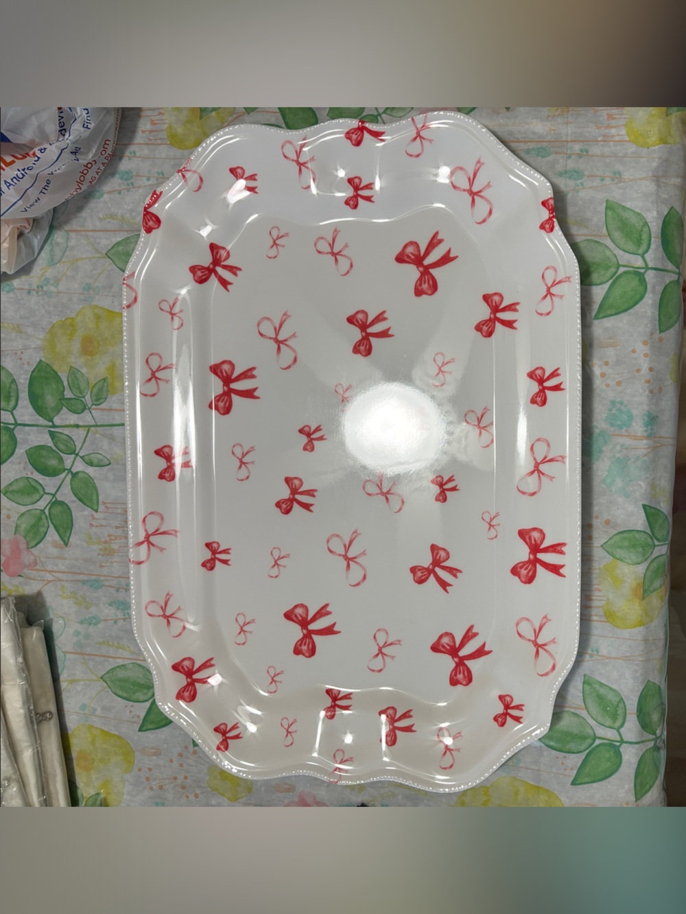 White Serving Platter with Red Bow Pattern